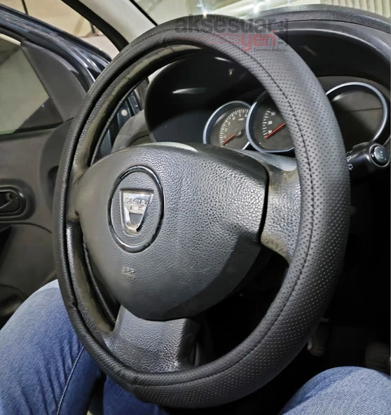 Geçme Deri Direksiyon Kılıfı - Düz Delikli Siyah Renk - 38cm - 2