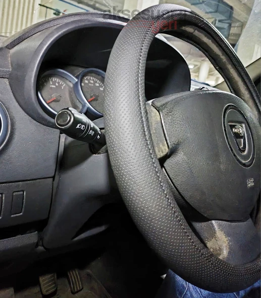 Geçme Deri Direksiyon Kılıfı - Düz Delikli Siyah Renk - 38cm - 3