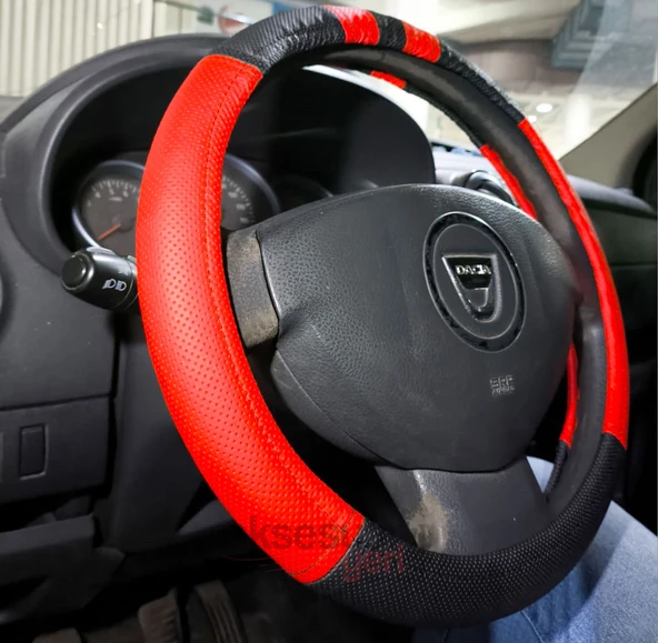 Geçme Deri Direksiyon Kılıfı - Spor Görünüm - Delikli Siyah Kırmızı Renk - 38cm