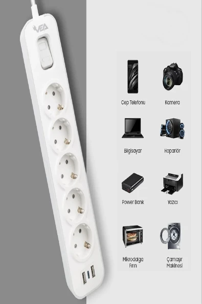 T5'li Akım Korumalı Uzatma Priz - 2 USB, 1 Type-C, Dirençli Kablo, Termal Koruma - 2