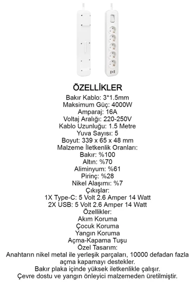 T5'li Akım Korumalı Uzatma Priz - 2 USB, 1 Type-C, Dirençli Kablo, Termal Koruma - 3