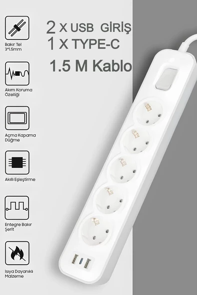 Termal Akım Korumalı Uzatma Kablolu Priz 5'lü Priz Soketli 2 Usb'li 1 Type-c Girişli Dirençli Kablo