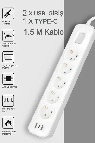 T5'li Akım Korumalı Uzatma Priz - 2 USB, 1 Type-C, Dirençli Kablo, Termal Koruma