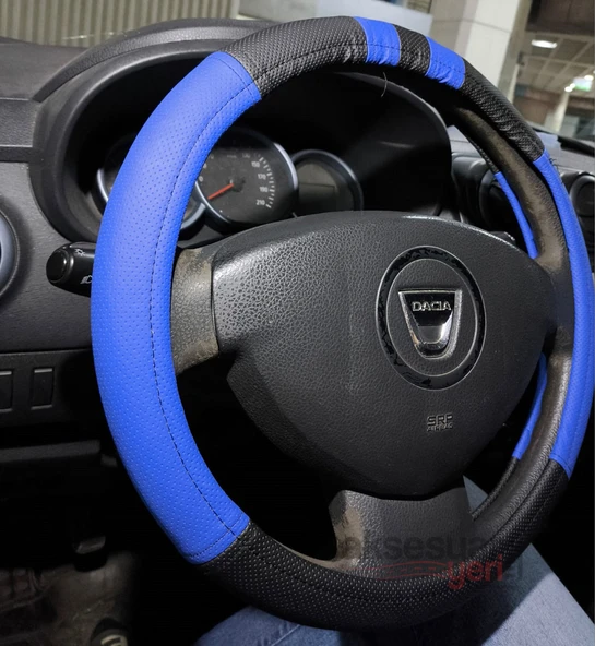 Geçme Deri Direksiyon Kılıfı - Spor Görünüm - Delikli Siyah Mavi Renk - 38cm