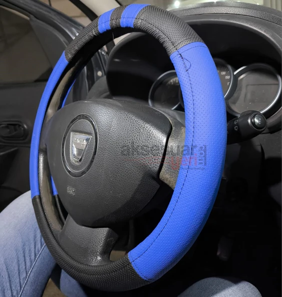 Geçme Deri Direksiyon Kılıfı - Spor Görünüm - Delikli Siyah Mavi Renk - 38cm - 2