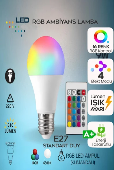 Kumandalı LED Ampul Çok Renkli %90 Enerji Tasarruflu 9W Beyaz Işıklı Ampul 4 Farklı Modlu