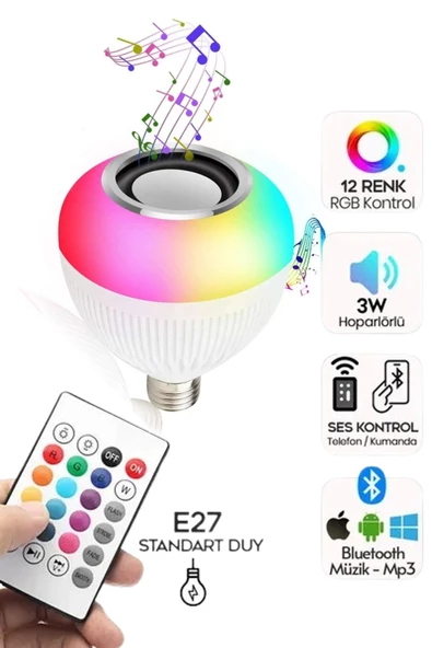 Ampul Bluetooth Hoparlör Akıllı LED Ampul Lamba Kumandalı RGB Lamba Ayarlanabilir Işıklı Led Ampul