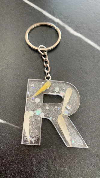 R Harfi Şeffaf Epoksi Simli Kurutulmuş Papatya Yapraklı Gümüş Aksesuarlı Anahtarlık El Yapımı - Resim 2