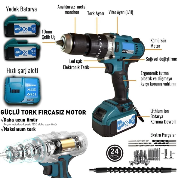 Prohummer 88vf Darbeli Çift Akülü Vidalama Matkap Seti (Mavi) PH-SM022 - 2