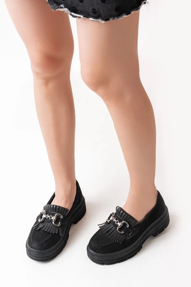 Siyah Süet Tokalı Günlük Yüksek Tabanlı Loafer Ayakkabı - 2