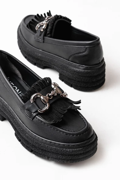 Siyah Tokalı Günlük Yüksek Tabanlı Loafer Ayakkabı - 5