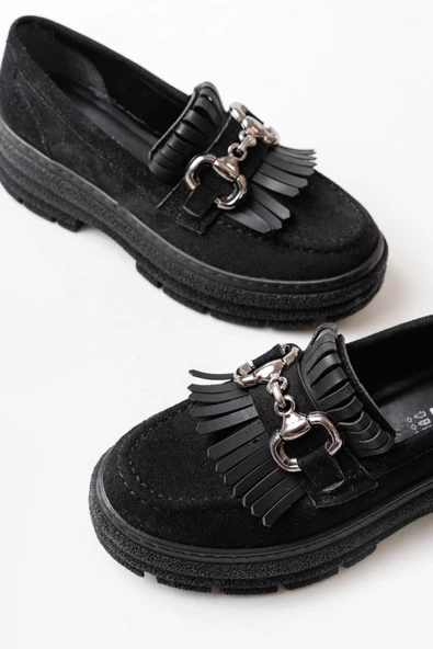 Siyah Süet Tokalı Günlük Yüksek Tabanlı Loafer Ayakkabı - 4