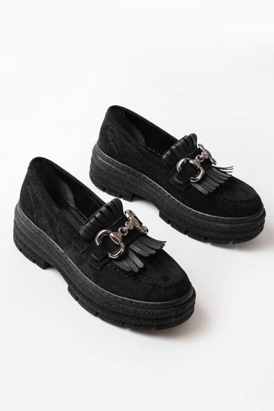 Siyah Süet Tokalı Günlük Yüksek Tabanlı Loafer Ayakkabı - 5