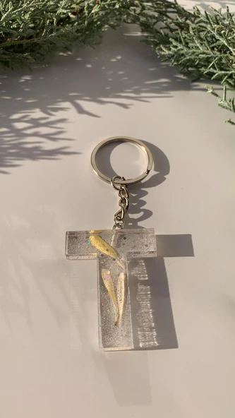 T Harfi Şeffaf Epoksi Simli Kurutulmuş Papatya Yapraklı Gümüş Aksesuarlı Anahtarlık El Yapımı - 5