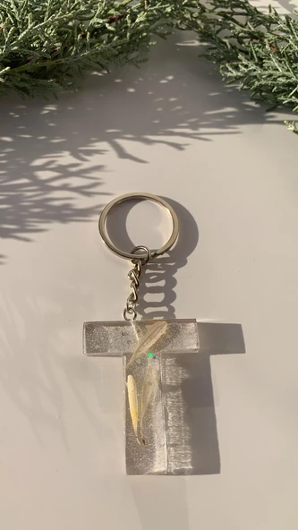 T Harfi Şeffaf Epoksi Simli Kurutulmuş Papatya Yapraklı Gümüş Aksesuarlı Anahtarlık El Yapımı - 7