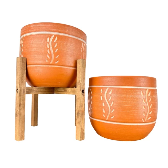 Bitki Tasarımı Ev Dekorasyon Nakış Desenli Toprak Saksı Saksılık Salon Çiçeklik İkili Set Ayaksız - 4 Ayaklı- 19 CM ürün görseli