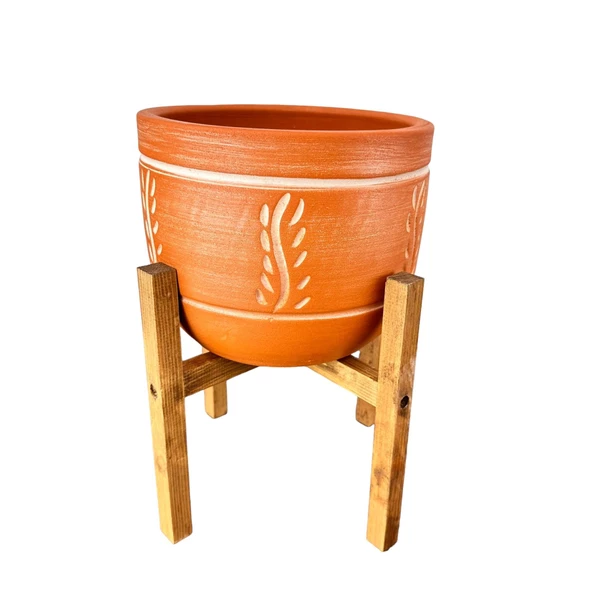 Bitki Tasarımı Ev Dekorasyon Nakış Desenli Toprak Saksı Saksılık Salon Çiçeklik 4 Ayaklı - 19 CM - Resim 4