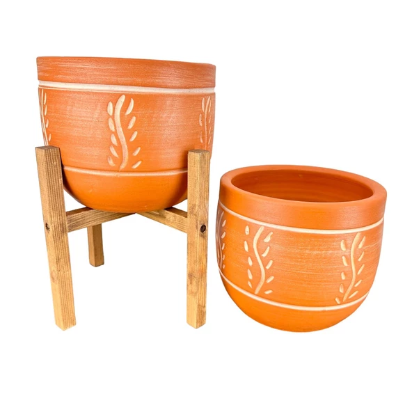 Bitki Tasarımı Ev Dekorasyon Nakış Desenli Toprak Saksı Saksılık Salon Çiçeklik İkili Set Ayaksız - 4 Ayaklı- 19 CM - Resim 4