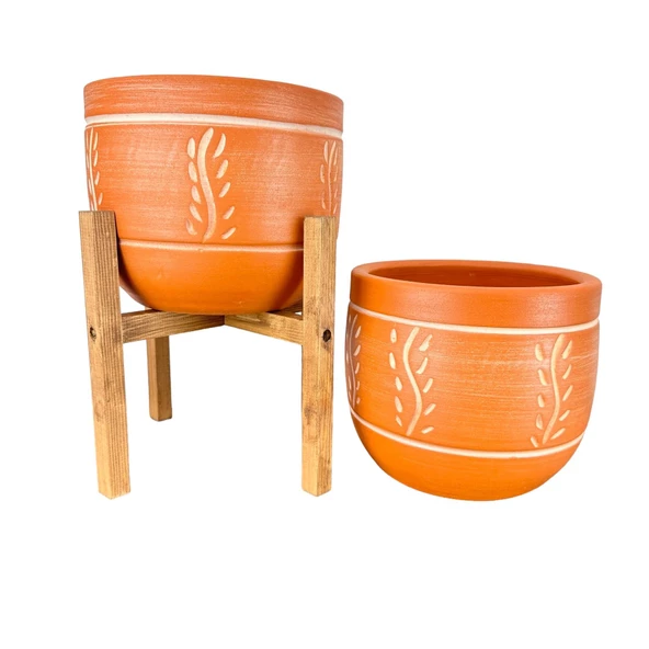 Bitki Tasarımı Ev Dekorasyon Nakış Desenli Toprak Saksı Saksılık Salon Çiçeklik İkili Set Ayaksız - 4 Ayaklı- 19 CM - Resim 3