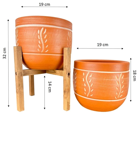 Bitki Tasarımı Ev Dekorasyon Nakış Desenli Toprak Saksı Saksılık Salon Çiçeklik İkili Set Ayaksız - 4 Ayaklı- 19 CM - Resim 2