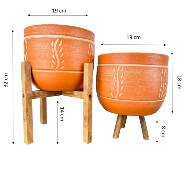 Bitki Tasarımı Nakış Desenli Toprak Saksı Saksılık Salon Çiçeklik İkili Set 3 Ayaklı- 4 Ayaklı- 19 CM - Resim 2