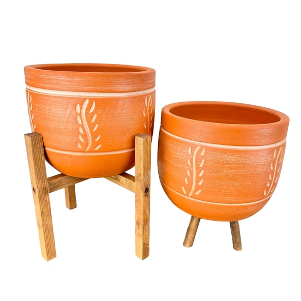 Bitki Tasarımı Nakış Desenli Toprak Saksı Saksılık Salon Çiçeklik İkili Set 3 Ayaklı- 4 Ayaklı- 19 CM - Resim 4