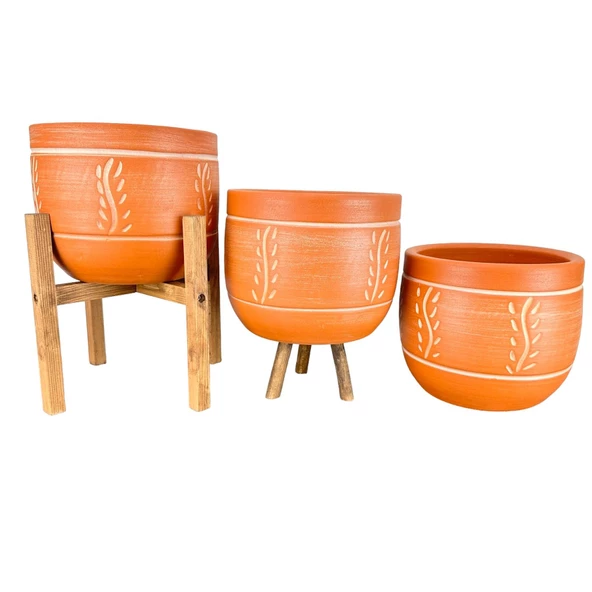 Bitki Tasarımı Ev Dekorasyon Nakış Desenli Toprak Saksı Saksılık Salon Çiçeklik Üçlü Set - 19 CM - Resim 2