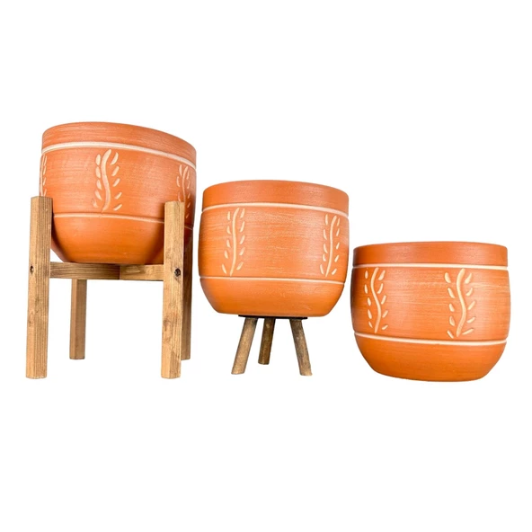 Bitki Tasarımı Ev Dekorasyon Nakış Desenli Toprak Saksı Saksılık Salon Çiçeklik Üçlü Set - 19 CM ürün görseli