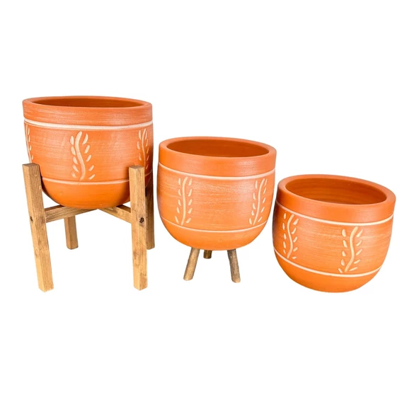 Bitki Tasarımı Ev Dekorasyon Nakış Desenli Toprak Saksı Saksılık Salon Çiçeklik Üçlü Set - 19 CM - Resim 3