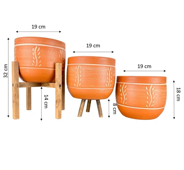 Bitki Tasarımı Ev Dekorasyon Nakış Desenli Toprak Saksı Saksılık Salon Çiçeklik Üçlü Set - 19 CM - Resim 4