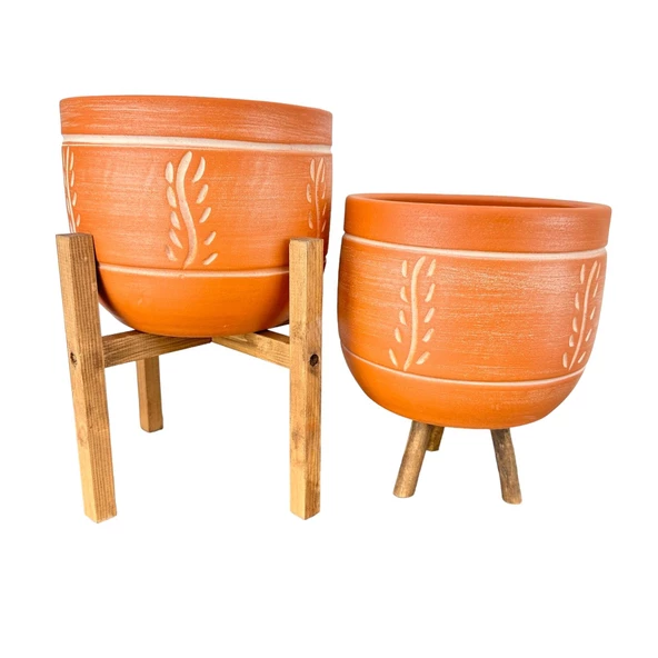 Bitki Tasarımı Nakış Desenli Toprak Saksı Saksılık Salon Çiçeklik İkili Set 3 Ayaklı- 4 Ayaklı- 19 CM - Resim 3