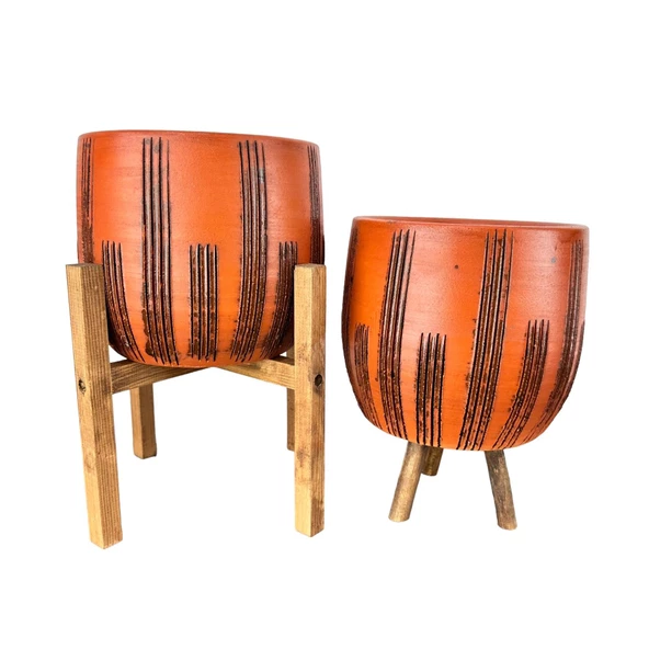 Bitki Tasarımı  Siyah Çizgi Desenli Toprak Saksı Saksılık Salon Çiçeklik İkili Set 3 Ayaklı- 4 Ayaklı- 19 CM - 2