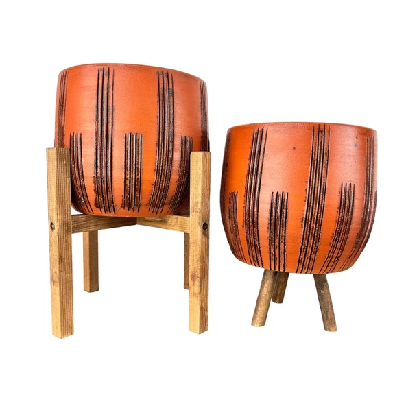 Bitki Tasarımı  Siyah Çizgi Desenli Toprak Saksı Saksılık Salon Çiçeklik İkili Set 3 Ayaklı- 4 Ayaklı- 19 CM