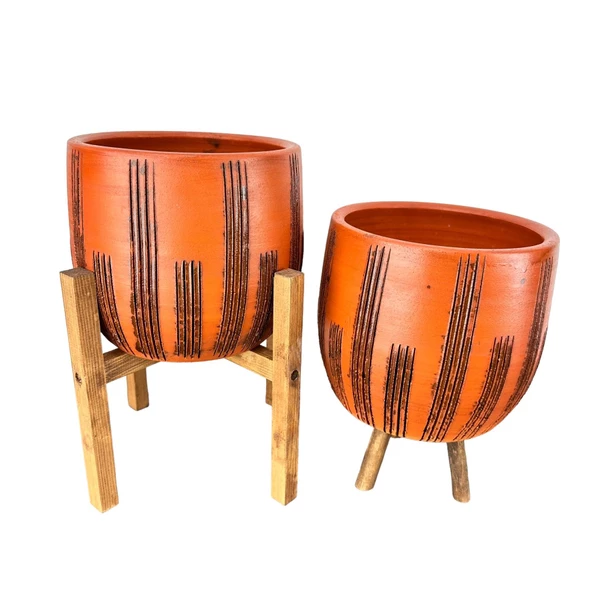 Bitki Tasarımı  Siyah Çizgi Desenli Toprak Saksı Saksılık Salon Çiçeklik İkili Set 3 Ayaklı- 4 Ayaklı- 19 CM - 3