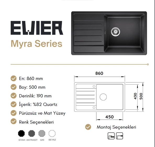 Granit Eviye Myra Series Black - Siyah (86x50) - 3