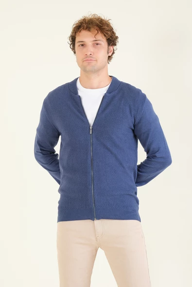 Erkek Hakim Yaka Petek Örgü Fermuarlı Hırka İndigo - Resim 4