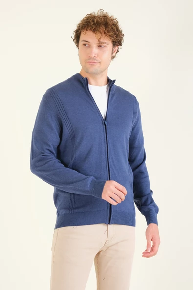 Erkek Biyeli Dik Yaka Fermuarlı Hırka Lacivert - 4