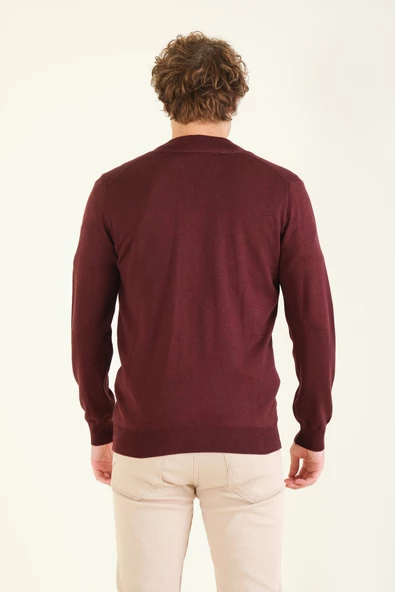 Erkek Hakim Yaka Petek Örgü Fermuarlı Hırka Bordo - 6