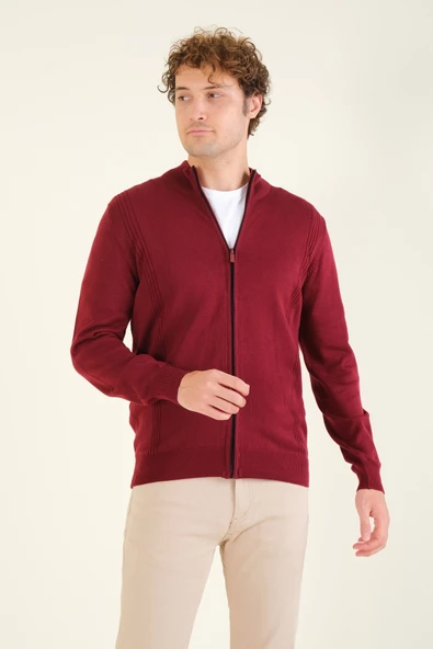 Erkek Biyeli Dik Yaka Fermuarlı Hırka Kırmızı