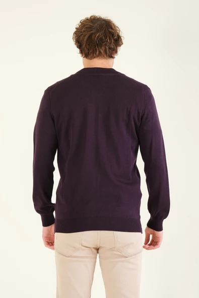 Erkek Hakim Yaka Petek Örgü Fermuarlı Hırka Mor - 6