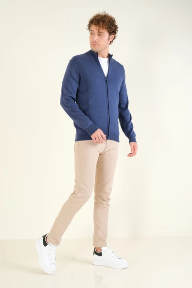 Erkek Biyeli Dik Yaka Fermuarlı Hırka Lacivert - 5