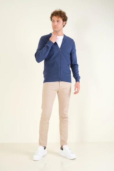 Erkek Hakim Yaka Petek Örgü Fermuarlı Hırka İndigo - Resim 5