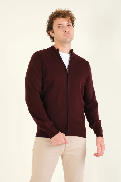 Erkek Biyeli Dik Yaka Fermuarlı Hırka Bordo - 2