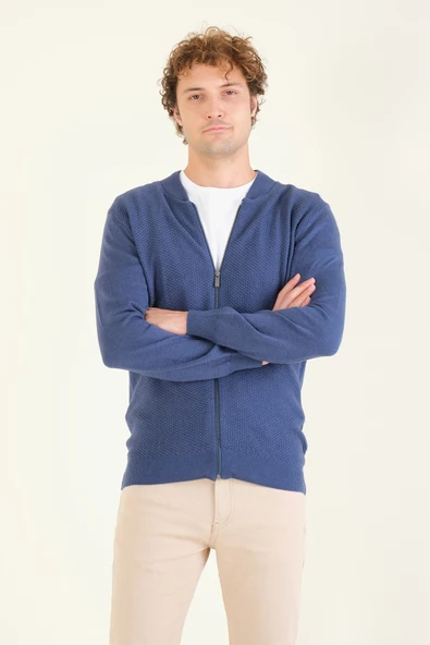 Erkek Hakim Yaka Petek Örgü Fermuarlı Hırka İndigo - Resim 2