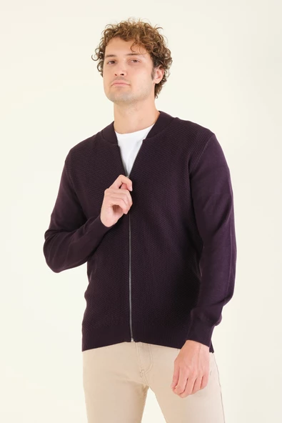 Erkek Hakim Yaka Petek Örgü Fermuarlı Hırka Mor - 5