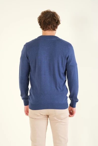 Erkek Hakim Yaka Petek Örgü Fermuarlı Hırka İndigo - Resim 6