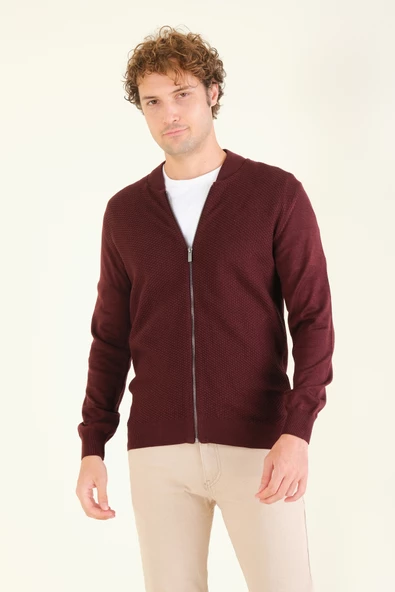 Erkek Hakim Yaka Petek Örgü Fermuarlı Hırka Bordo - 2