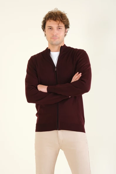 Erkek Biyeli Dik Yaka Fermuarlı Hırka Bordo - 3