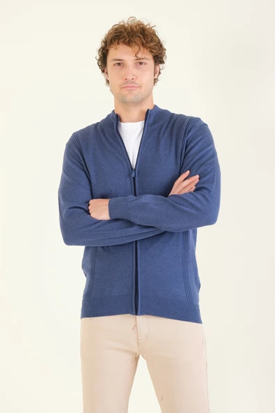 Erkek Biyeli Dik Yaka Fermuarlı Hırka Lacivert - 3