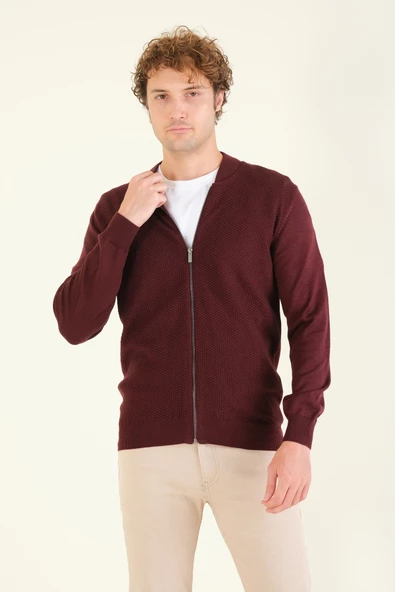 Erkek Hakim Yaka Petek Örgü Fermuarlı Hırka Bordo